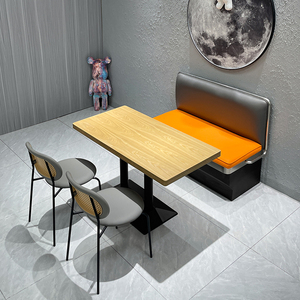 奶茶店咖啡厅不锈钢长方形原木色桌椅面馆快餐店饭店靠墙沙发卡座