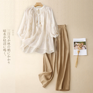 大码夏装中年妈妈女士天丝棉麻套装新中式国风衬衫上衣遮肚两件套