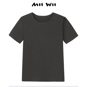 末未MIIWII24夏烟灰色棉粘弹力坑条罗纹针织T恤T242130