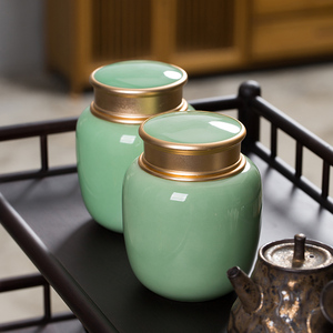 陶瓷密封存茶罐家用青瓷茶叶罐防潮金属盖茶仓空罐包装礼盒定制