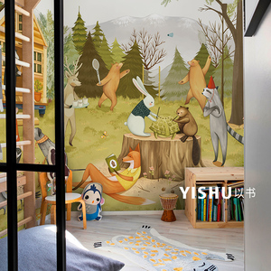 北欧插画儿童房壁纸壁布森林动物男孩女孩卧室全屋背景墙纸墙布