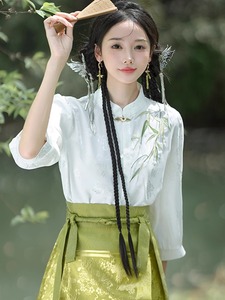 马面裙搭配的上衣中国风竹叶绣花衬衫古风女2024夏季汉服中袖衬衣
