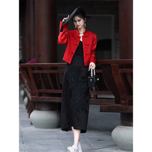 秋装搭配一整套新中式女装国风盘扣提花红色外套小香风连衣裙套装