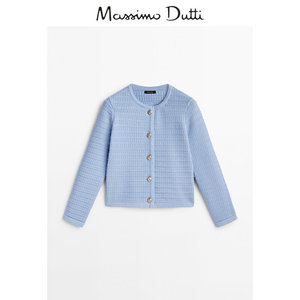 秋冬新款Massimo Dutti202女装小香风金色纽扣天蓝色开衫短外套