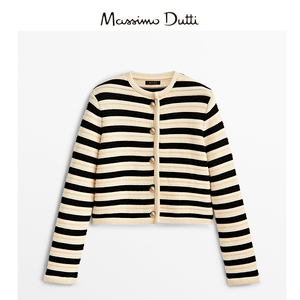 Massimo Dutti女装2024秋季新款毛衣金色缀扣条纹针织开衫短外套