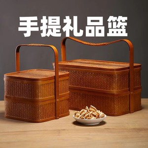 复古式竹编收纳漆器工艺品茶具收纳碟子点心碗月饼礼盒三层送餐篮