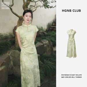 新中式国风改良绿色提花立领旗袍连衣裙夏季端庄大气修身中长裙