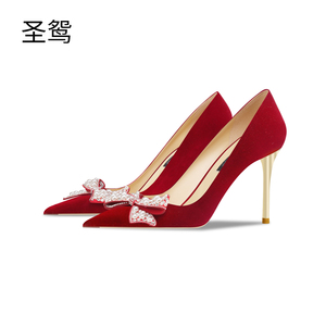 酒红色珍珠蝴蝶结高跟鞋女2024年新款尖头浅口细跟气质伴娘鞋婚鞋
