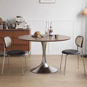 欧式复古风实木圆桌黑胡桃木家用小户型餐桌新中式圆形歺餐椅组合