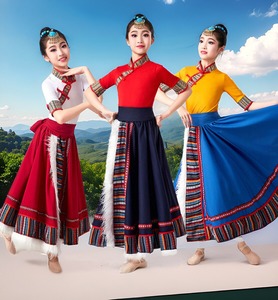 儿童藏族舞蹈演出服男女童中小学生民族舞蹈大摆裙表演练习藏式裙