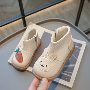 韩系女童短靴2023秋冬新款儿童加绒保暖鞋子小兔公主皮靴宝宝靴子