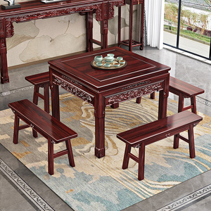 新中式八仙台供桌酸枝红木中堂条案小户型家用吃饭四方桌长凳组合