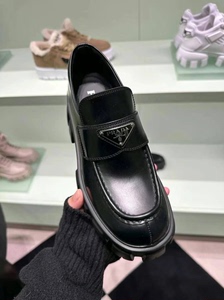 Prada/普拉达24春夏新款三角标齿轮厚底乐福鞋女黑色皮革英伦单鞋