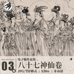 唐传吴道子八十七神仙卷线稿白描国画装饰打印高清电子版临摹素材