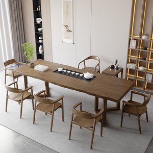 茶台实木茶桌椅组合新中式泡茶桌客厅原木茶几办公室大板胡桃木色
