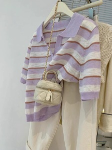 设计感小众紫色条纹短袖针织衫女2024新款夏季宽松polo衫v领上衣