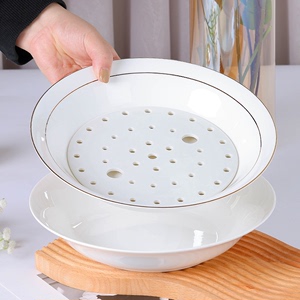 唐山骨质瓷金边饺子盘沥水双层盘家用大号水饺盘子10英寸汤盘沥水