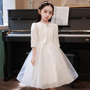 花童婚礼小女孩礼服春秋白色长袖女童公主裙高端儿童钢琴演奏演出