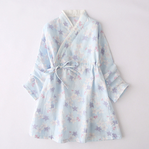 春秋日本儿童和服浴衣甚平长袖睡裙纯棉双层纱布日式汗温泉汗蒸服
