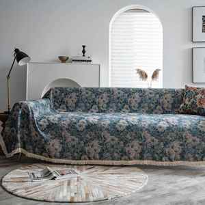 美式沙发盖布沙发套罩蓝色油画花朵沙发巾全盖四级通用全包万能罩