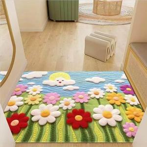 小清新花朵3D创意入户门垫彩虹色仿羊绒玄关垫毯卧室床边毯