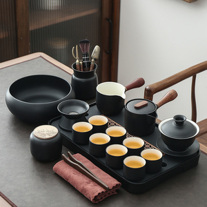 整套茶杯禅风黑陶功夫茶具套装日式盖碗家用办公茶盘粗陶瓷泡茶壶