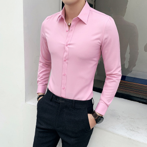 粉色长袖衬衫男韩版修身商务休闲白色衬衣男潮流帅气新郎结婚寸衫