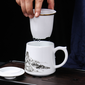 上禹羊脂白瓷办公杯陶瓷茶杯茶水分离大容量马克杯带盖过滤网水杯