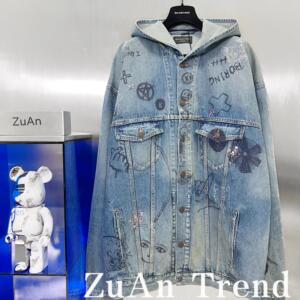 【ZuAn】Balenciaga/巴黎世家 22FW 破洞涂鸦连帽牛仔夹克外套