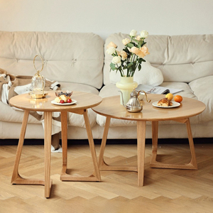 小户型家用实木茶几日式创意圆形矮桌子简约现代原木客厅边几组合