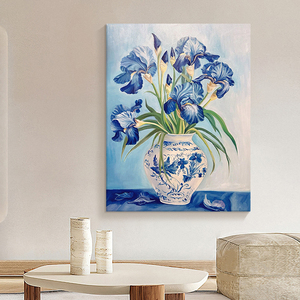 蓝色花纯手绘油画抽象青花瓷花瓶艺术客厅挂画植物肌理玄关装饰画