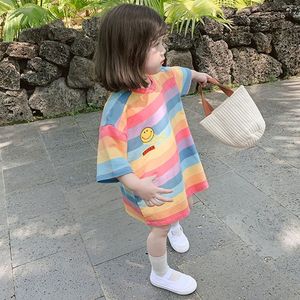韩系2024夏季新款童装韩版女童条纹彩虹中长款短袖T恤儿童连衣裙