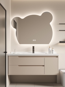 安华网红小熊镜子奶油风实木浴室柜组合卫生间洗手洗脸盆柜梳妆洗