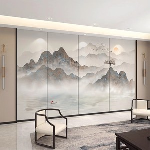 新中式硬包背景墙山水水墨软包电视沙发床头客厅壁画茶室书房刺绣