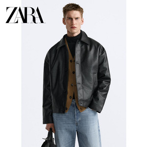 ZARA KISS新品男装黑色复古仿皮翻领休闲夹克外套皮衣8281654 800