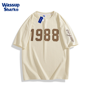 WASSUP SHARK新款短袖T恤男夏季潮牌美式冰丝速干半袖宽松上衣服