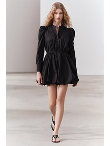 ZARA春夏新品黑色气球版型蓬蓬长袖收腰小黑裙短连衣裙2671072