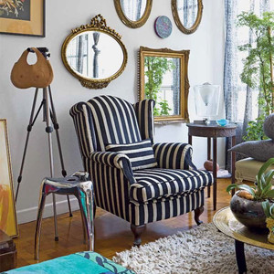美式黑白条纹老虎椅简约大气雪尼尔高靠背实木布艺复古单人沙发