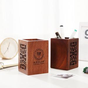 2024新款胡桃木制雕花镂空实木笔筒收纳盒创意木质笔筒办公用