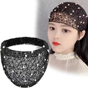 珍珠头套挡白发帽子发带女宽边蕾丝珍珠新款镂空遮白发网红头套