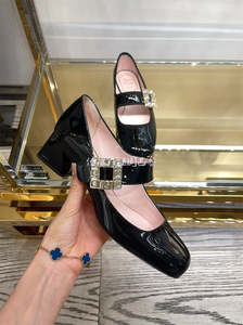 法国直邮Roger Vivier/RV经典钻扣漆皮方头绑带粗跟玛丽珍鞋女鞋