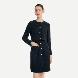 商场同款歌莉娅秋季新款小香风假两件法式小黑裙羊毛通勤连衣裙