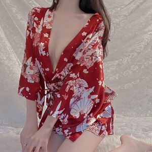 性感睡衣女春秋冰丝蕾丝2024新款薄款和服纯欲风红色火辣吊带睡裙