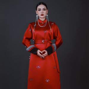 蒙古服装女士立领长袖盘扣改良旗袍蒙古袍女士厚款外穿礼服连衣裙