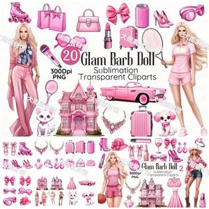 Vca01可爱时尚运动粉色芭比娃娃豪宅插画设计剪贴画手帐贴纸素材