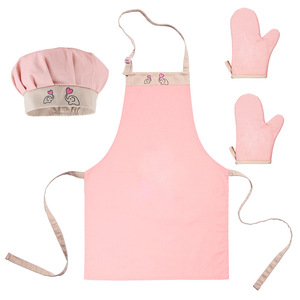 儿童围裙套装 粉红色纯棉围裙 儿童烘培手套 绣花卡通图案厨师帽