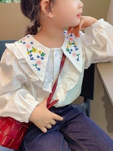 新款女童衬衫娃娃领上衣女宝长袖打底衫宝宝大领衬衣小童2024春款