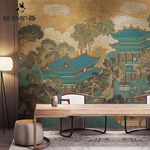 复古中式山水阁楼建筑壁纸沙发背景墙纸壁布客厅茶室饭店包间壁画