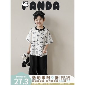 巴拉巴拉夏季儿童熊猫星人数码印花撞色圆领衬衫男童休闲裤子两件