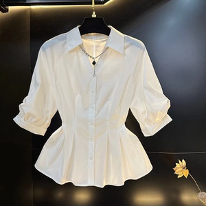 法式Polo领白色短袖衬衫女装夏季新款高级感气质收腰裙摆宽松上衣